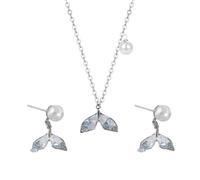 SanKristo Ensemble Collier et Boucles D'oreilles en Perles Bohèmes en Queue de Poisson, Ensemble de Bijoux pour Femmes avec Diamants en Cristal étincelants, Bleu