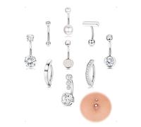 SanKristo Ensemble de 9 Barres pour Nombril en Acier Inoxydable de 10MM, Piercing Nombril en Acier Chirurgical Plaqué or 14 Carats, Longues et Courtes Nombrils avec Zircone Cubique, Argent