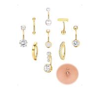 SanKristo Ensemble de 9 Barres pour Nombril en Acier Inoxydable de 10MM, Piercing Nombril en Acier Chirurgical Plaqué or 14 Carats, Longues et Courtes Nombrils avec Zircone Cubique, Or