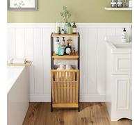 Sanless Meuble Bas de Salle de Bain avec Panier à Linge, Noir et Bois - Structure MDF + Bambou Véritable - Finition Bois Naturel - Colonne de Rangement Salle de Bain Idéal Gain de Place & Déco Zen