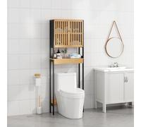 Sanless Meuble de WC/Étagère de Toilettes Salle de Bain Noir et Bois Naturel - Structure MDF + Bambou Véritable - Finition Bois Naturel - Idéal pour Toilettes, Gain de Place & Déco Zen