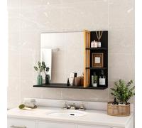 Sanless Miroir Mural de Salle de Bain avec étagères de Rangement, Noir et Bois clair - Structure MDF + Bambou Véritable - Finition Bois Naturel - Déco Zen- 3 étagères latérales + 1 étagère inférieure