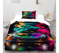 SanLiLLohKi Housse De Couette 2 Pièces Fashion Land Vehicle Colorful Smoke Imprimé De Couvre-Lit Microfibre pour Adulte Et Enfant avec 1 Taie d'oreiller Single（135x200cm）