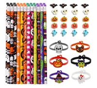 SANLIUSANJIU 50 Pcs Ensemble Crayons Halloween, Avec 24 X Crayons, 20 X Mini Gommes, 6 X Fantôme Crâne Bracelet Dessinée Pour Halloween Activités Favours Cadeau Récompense Des Devoirs
