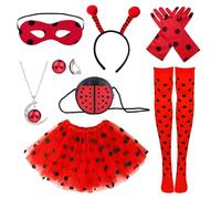 SANLIUSANJIU Costume Coccinelle Fille Set Accessoires, Masque Ladybug, Gants Ladybug, Tutu Ballerine, Collier Boucles oreilles Fille etc, Pour les 6-12 ans Carnaval Coccinelle Rouge Costume Cadeaux