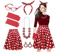 SANLIUSANJIU Ensemble Costume Rockabilly Femme, Accessoires Costume Femme Rétro, Accessoires Femmes Années 50 pour Carnaval,Halloween,Mardi Gras,Fête à thème (Rouge)