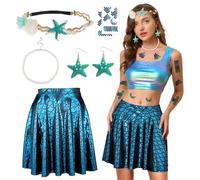 SANLIUSANJIU Femme Costume Sirène Set, Bijoux Cheveux étoile Mer, 1 Paire Boucles Oreilles éToile Mer, 2 Arcs Sirène Autocollants, Jupe Sirène, Collier Perles, Pour Carnaval Costume Fête Thème (L)