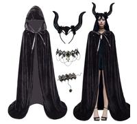 SANLIUSANJIU Maleficent Cape à Capuchon Costumée Dame Set, 4 Piece Halloween Cornes Diable Noires, Dame Bandeau en corne de Démon avec Collier Bracelet, pour Costume Halloween Carnaval