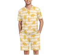 sanluoli ensembles de pyjama assortis S-2X vêtements de nuit d'été, Feuille de ginkgo biloba rayée jaune et blanche, XXL