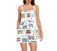 sanluoli Grenouillère 2026 avec short tenues de pique-nique élastiques pour femmes, dessin animé mignon bus coloré, XL