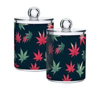 sanluoli Lot de 2 organiseurs de rangement en plastique transparent avec couvercle en forme de feuille d'érable rouge sauge pour cotons-tiges, cotons-tiges, cure-dents, trombones, pinces à cheveux