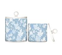 sanluoli Lot de 2 organiseurs de rangement en plastique transparent avec couvercle - Feuilles blanches - Bleu clair - Pour cotons-tiges, cotons-tiges, cure-dents, trombones
