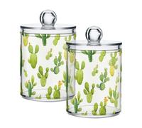 sanluoli Lot de 2 petits bacs de rangement décoratifs en plastique transparent avec couvercle pour cotons-tiges, cotons-tiges, cure-dents, trombones, pinces à cheveux Vert cactus