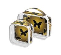 sanluoli Lot de 2 trousses de toilette de voyage transparentes en forme de papillons dorés et noirs à suspendre approuvés par la TSA - Conforme aux normes des compagnies aériennes - Papillons dorés et