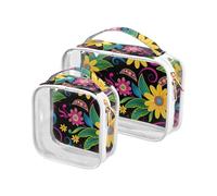 sanluoli Lot de 2 trousses de toilette noires vintage transparentes approuvées par la TSA et réutilisables pour le rasage - Motif marguerite vintage, Marguerite vintage noire