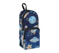 sanluoli Lovely Blue Rocket Planet Trousse à crayons en nylon 3 compartiments multifonction et esthétique avec fermeture éclair pour adolescents 1600 ml