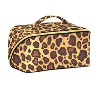 sanluoli Trousse de toilette plate à motif géométrique imprimé léopard marron doré avec séparateurs étanche pour femme verticale autoportante