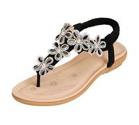 SANMIO Sandales Femmes Plates, Mode Été Bohème Strass Fleurs Cuir PU Tongs Confortable Bout Ouvert pour Filles Style 2 Noir 40 EU