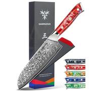 SANMUZUO Damas Couteau de Santoku avec Lame 18 cm Professionnel Couteau de Cuisine en Japonais VG-10 67 Couche Damas Acier avec Poignée en résine (Rouge Coucher de Soleil) - Xuan Série