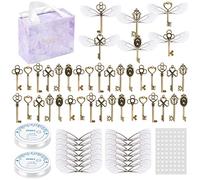 SANNIX Lot de 48 grandes clés squelettiques vintage avec 50 paires d'ailes de libellule et 60 mètres de cordon élastique en cristal pour décorations de Noël DIY