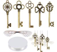 SANNIX Lot de 50 clés squelettes vintage avec 50 paires d'ailes de libellule et cordon élastique en cristal de 30 mètres pour les décorations de Noël faites maison, Bronze, Cristal