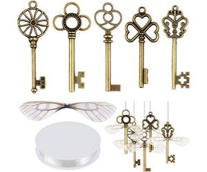SANNIX Lot de 50 clés squelettes vintage avec 50 paires d'ailes de libellule et cordon élastique en cristal de 30 mètres pour les décorations de Noël faites maison, Bronze, Cristal