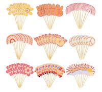 SANNIX Lot de 72 décorations de cupcakes hippies, deux pics groovy avec signe de la paix, marguerite, arc-en-ciel, décorations de gâteau bohème pour fête prénatale, fête d'anniversaire (9 motifs)