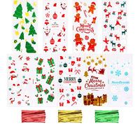 SANNIX Lot de 90 sacs en cellophane de Noël de 12,7 x 25,4 cm avec attaches torsadées, sacs à friandises de Noël pour fournitures de fête de Noël, 9 styles de sacs à bonbons