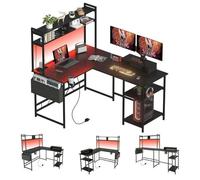 SANODESK Bureau Gaming LED 120x140cm, Bureau d'angle avec Rangement, Chargeur et Prises, Bureau avec Crochets et Sous-Verres, Noir