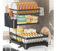 SANON Égouttoir à vaisselle à 3 niveaux avec porte-ustensiles et bac d'égouttement - Bec rotatif - Noir