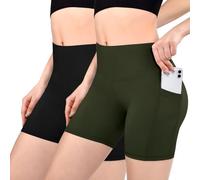 Sanpetix Short de cyclisme pour femme, avec poches, taille haute, short de sport court, pour la gym, Noir/vert armée, L-XL
