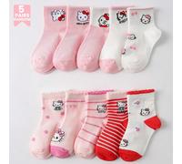 Sanrio 5 paires de chaussettes pour enfants, chaussettes courtes roses mignons de chat de bande dessinée pour garçons/filles, motifs rayés/nœuds, douces et agréables à la peau, confortables et respira