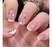 Sanrio Hello chat 24 pièces Autocollants pour ongles courts carrés Sanrio French Tip Faux ongles avec design mignon Hello chat, étoile, nœud et strass, set parfait de faux ongles, comprend : 1 pièce d