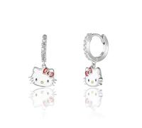 Sanrio Hello Kitty Boucles d'oreilles créoles pour femme Licence officielle - Boucles d'oreilles créoles en argent sterling et zircone cubique avec breloque Hello Kitty en émail, Argent sterling