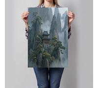 Sans Cadre Impression Sur Toile Architecture De Misty Mountain Image sur Toile Architecture Chinoise Ancienne Affiche Murale Tableau Decoration Murale pour Salon Chambre Bureau, 50x70cm, Vert Olive