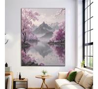 Sans Cadre Impression sur Toile Peinture De Paysage Tranquille Tableau Image sur Toile Rose Grisâtre Lac De Montagne Aux Cerisiers En Fleurs Peinture Tableau Decoration Murale Salon Chambre 40 x 50 cm