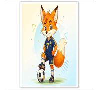 Sans Cadre Impression Sur Toile Petit Renard Du Football Image sur Toile Animaux De Dessin Animé Affiche Murale Tableau Decoration Murale pour Salon Chambre d'enfant Bureau, 70x100cm, Bleu Clair