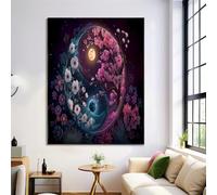 Sans Cadre Impression sur Toile Planète Sakura Tableau Murale Image sur Toile Fantaisie Yin Yang Photo Affiche Tableau Bleu Poudre Decoration Murale Salon Couloir Chambre 50x70cm