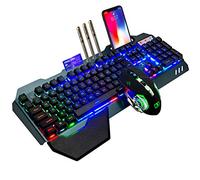 Souris combo avec clavier rechargeable sans fil de 2,4 GHz Batterie longue de 4800 mAh 16 modes de couleur Clavier de joueur tactile mécanique avec LED RGB 2400 DPI Souris optique de respiration