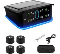 Sans fil pour système TPMS en temps réel pour affichage de la température | Grand écran LCD affichant la pression des 4 roues et la température, pour l'énergie solaire, LED rouge pour l'alarme flash