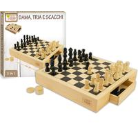 Sansh-, Echiquier En Bois Portable 3 En 1. Dame, Échecs Et Tria, Jeux Pour Enfants En Bois. Tiroirs Amovibles, Il Y A Des Pièces De Rechange.
