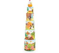 SANSH-- Ma Première Pyramide - Animaux de la Ferme - Jouet d'Éveil - 5 Cubes à Empiler + 1 Poule en Bois - Développe Dextérité et Imagination - Dès 12 Mois,J03310, Vert/Rose