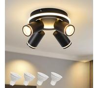 SANSHI Spot de plafond Ronde Orientable,4 Spots LED Plafonnier Pivotants 350°,Moderne Éclairage luminaire avec lueur inférieure 22W+4x5W GU10,Blanc Chaud Spot mural 3000K pour Cuisine Salon,Noir