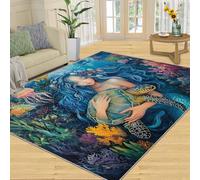 SANSJI Ocean Rug - Tapis d'intérieur lavable pour salon, chambre à coucher, motif femme mystérieuse, tapis d'intérieur lavable, antidérapant et à poils courts Bleu 90 x 150 cm