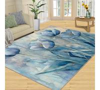 SANSJI Poppy Tapis décoratif d'intérieur lavable pour salon, chambre à coucher, tapis d'intérieur antidérapant et à poils ras - Motif fleurs aquarelle nordique - Bleu - 254 x 355 cm
