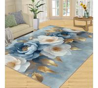 SANSJI Tapis à fleurs pour salon, tapis d'intérieur, tapis lavable, antidérapant et à poils ras - Motif feuilles dorées - Bleu et blanc