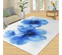 SANSJI Tapis à motif floral bleu et décoration d'intérieur - Tapis nordique à motif floral pour chambre à coucher, salon, bleu aquarelle - Tapis lavable antidérapant doux à poils courts - 152,4 x