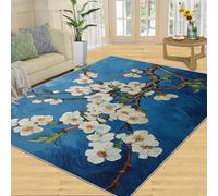 SANSJI Tapis bleu marine pour chambre à coucher - Tapis floral blanc pour salon, bleu nuit étoilée, tapis d'intérieur lavable, antidérapant et à poils courts - 305 x 438 cm