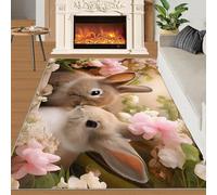SANSJI Tapis de lapin de Pâques pour buanderie 70 x 140 cm - Motif fleurs roses, antidérapant et lavable - Tapis d'intérieur résistant à l'aquarelle pour zones à fort trafic, tapis de décoration de