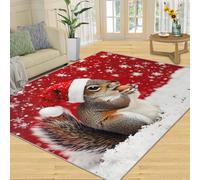 SANSJI Tapis de Noël lavable à poils courts pour chambre à coucher, motif écureuil, rouge et blanc